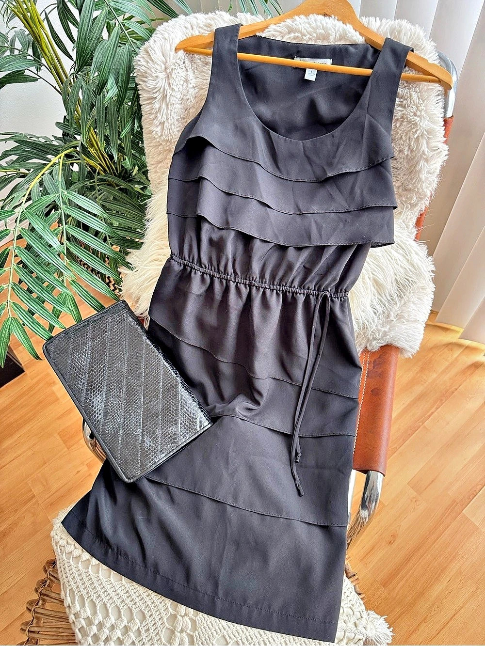 Danny & Nicole Ruffle Midi Dress in Black Size 6 Like New